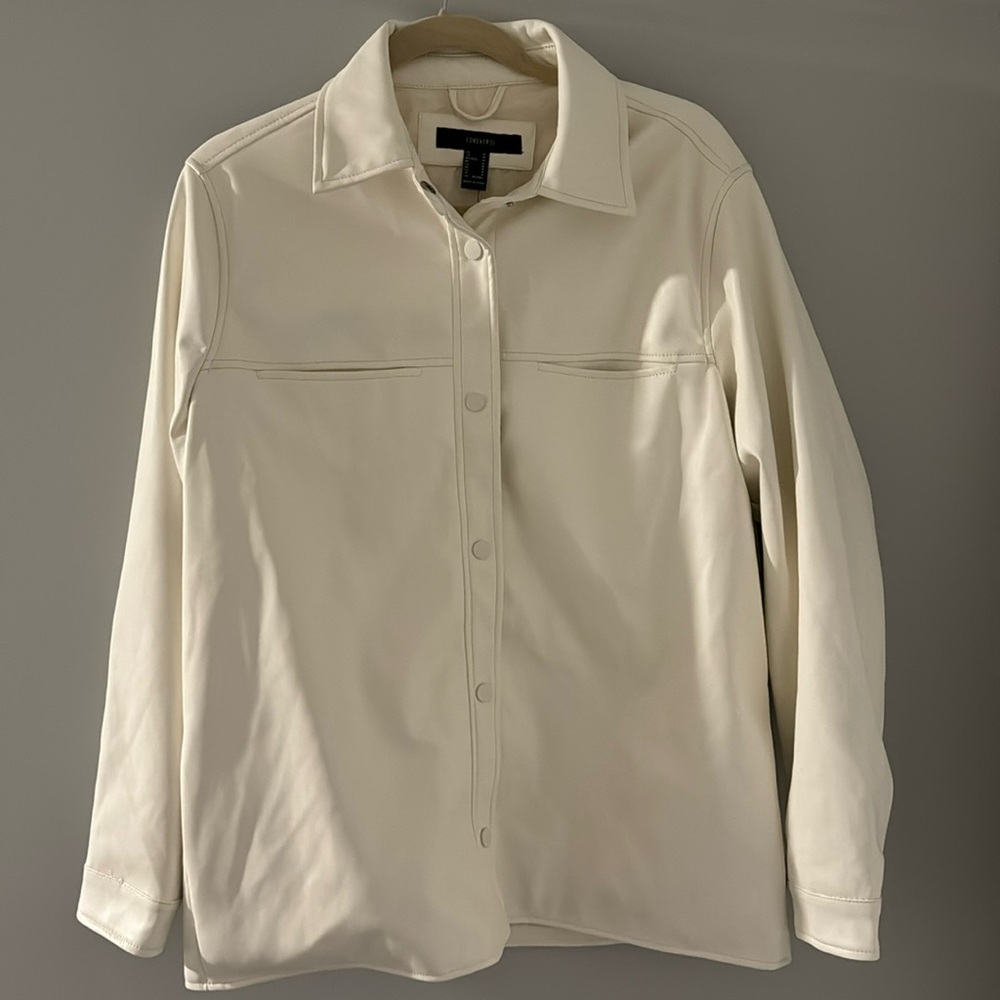 Fall White Faux Leather Button Down Shacket - Fall Jackets - Medium - F21